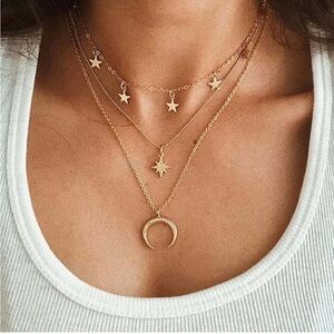 Gold Toned Layered Star & Crescent Necklace Set